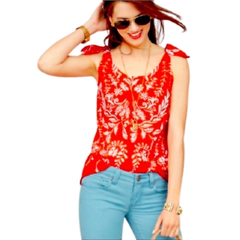 CAbi red white floral bohemian mosaic sleeveless tie shoulder silky tank top